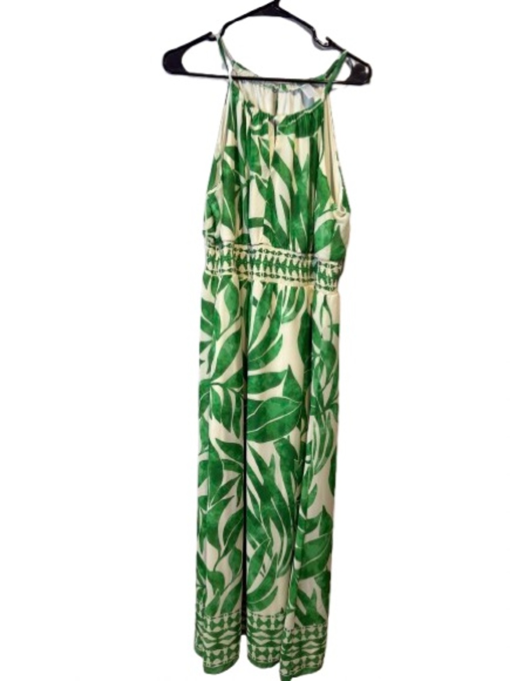 London Times Cream Jumpsuit with Green Leaf Print
